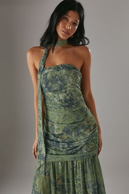 Chiffon Neck Tie Bandeau Ruched Maxi Dress