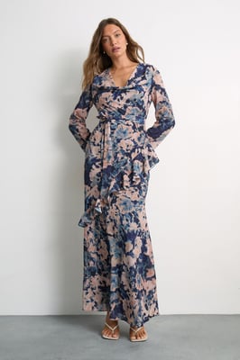 Long Sleeve Cowl Neck Floral Print Ruffle Detail Maxi Dress