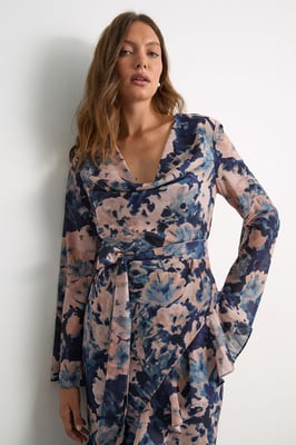 Long Sleeve Cowl Neck Floral Print Ruffle Detail Maxi Dress