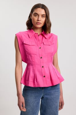Premium Viscose Linen Topstitch Woven Blouse With Waist Seam Detail