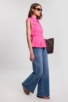 Premium Viscose Linen Topstitch Woven Blouse With Waist Seam Detail