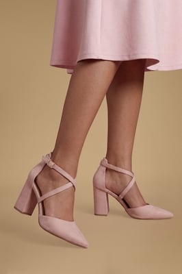 Wide Fit Treat Faux Suede Cross Strap Pointed Block Heel Court Shoes