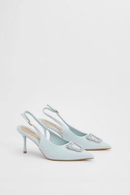 Diana Blue Faux Leather Square Coloured Trim Medium Stiletto Heel Slingback Court Shoes