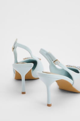 Diana Blue Faux Leather Square Coloured Trim Medium Stiletto Heel Slingback Court Shoes