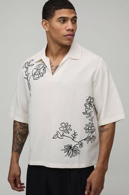 Linen Blend Boxy V Neck Floral Embroidered Polo