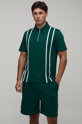 Regular Fit Zip Up Stripe Polo & Jersey Short Set