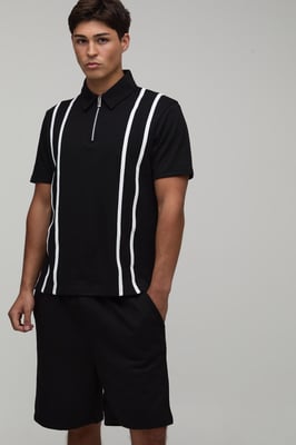 Regular Fit Zip Up Stripe Polo & Jersey Short Set