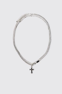 Silver Layered Gothic Cross Necklace