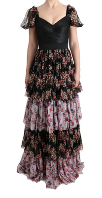 Floral Print Silk Dress Tiered Maxi Dress