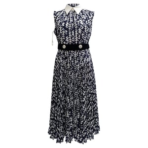 Prada Belted Geometric-Print Sleeveless Midi Dress in Navy Blue Polyester