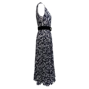 Prada Belted Geometric-Print Sleeveless Midi Dress in Navy Blue Polyester
