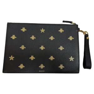 Gucci Dollar Boar Effect Bee Star Zip Wristlet Pouch in Black Calfskin Leather