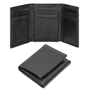 Men’s Genuine Leather RFID Wallet with 9 Card Slots, Black Trifold Design