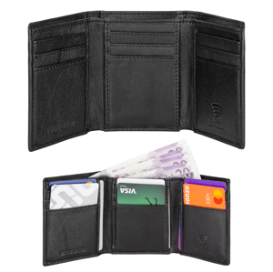 Men’s Genuine Leather RFID Wallet with 9 Card Slots, Black Trifold Design