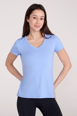 'Vitality' Women's V Neck Tee Quick Wicking Comfy T-Shirt Light Blue