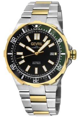 Gevril Men's Ticonic 316L Stainless Steel Case, Top Ring IPYG, Black/White Glass Bezel, Black Enamel dial, 316L Stainless Steel Bracelet.