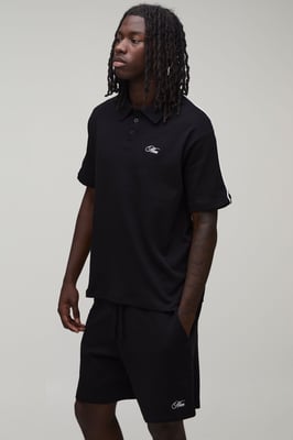 Oversized Boxy Contrast Piping Embroidered Short Sleeve Polo and Short Set