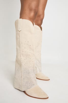 Fold Over Embellished Knee High Western Boots