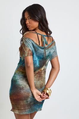 Abstract Print Sheer Mesh Asym Cowl Back Mini Beach Dress