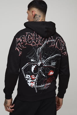 Black Oversized Spider Over Seam Printed Hoodie