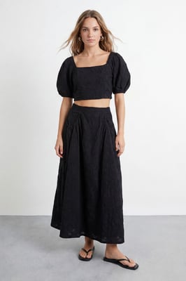 High Waist Embroidered Cotton Skirt with Pockets