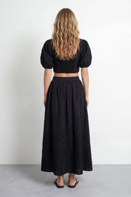 High Waist Embroidered Cotton Skirt with Pockets