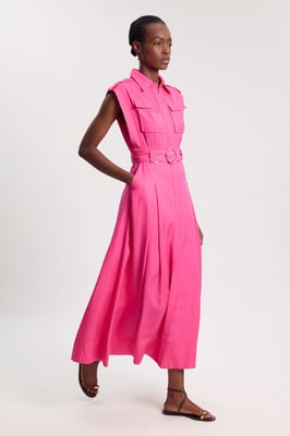 Premium Viscose Linen Belted Woven Midaxi Dress With Gold Hardware Detail