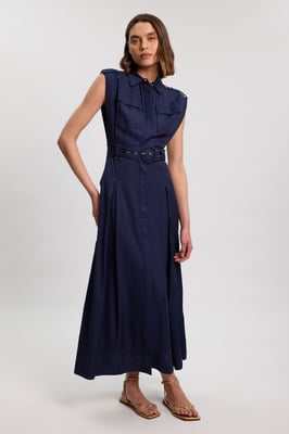 Premium Viscose Linen Belted Woven Midaxi Dress With Gold Hardware Detail