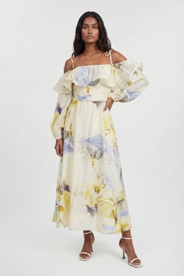 Petite Blue Floral Off The Shoulder Shirred Woven Maxi Dress
