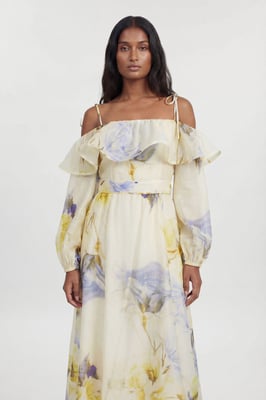 Petite Blue Floral Off The Shoulder Shirred Woven Maxi Dress