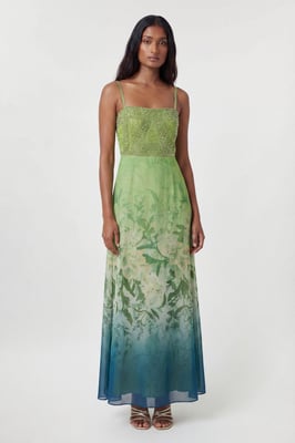 Petite Embellished Ombre Floral Pleated Woven Bandeau Maxi Dress