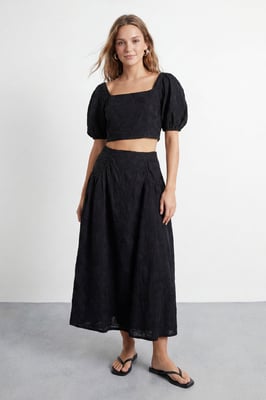 Embroidered Cotton Gathered Sleeve Crop Top