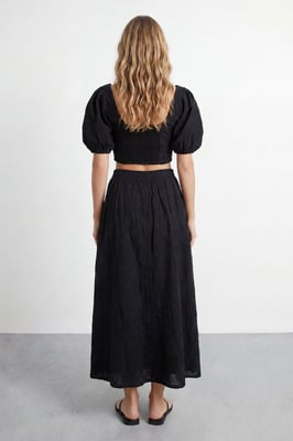 Embroidered Cotton Gathered Sleeve Crop Top