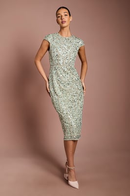 Cap Sleeve Pearl Embellished Pencil Dress
