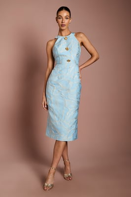 Halter neck Jacquard Midi Dress With Gold Buttons