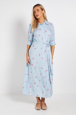 Blue Floral Midi Shirt Dress