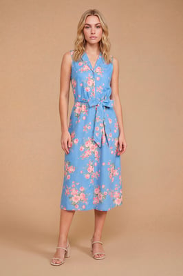 Petite Button Down Belted Printed Midi Dress