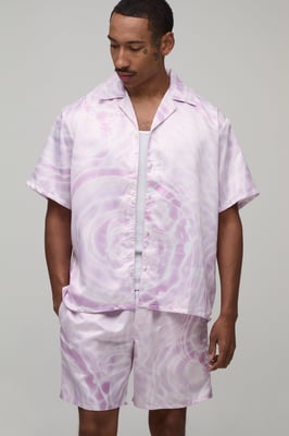 Oversized Short Sleeve Water Print Satin Shirt & Short Set