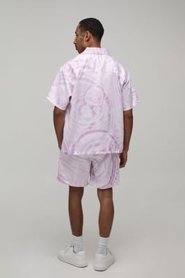 Oversized Short Sleeve Water Print Satin Shirt & Short Set