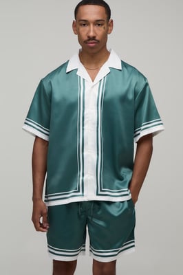 Oversized Short Sleeve Double Boarder Print Satin Shirt & Short Set