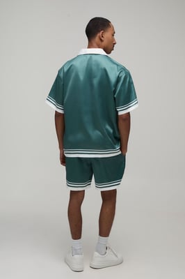 Oversized Short Sleeve Double Boarder Print Satin Shirt & Short Set
