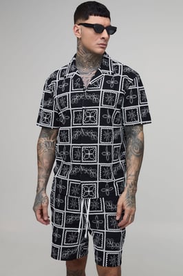 Tall Embroidered Tile Oversized Shirt & Relaxed Short Set