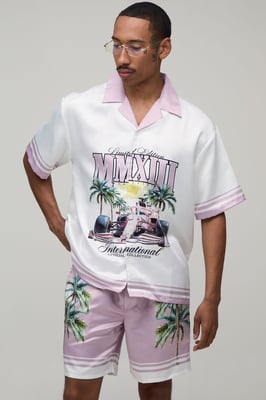 Oversized Half Sleeve Moto Print Satin Shirt & Short Set