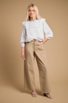 Trim Detail Frill Shoulder Crew Neck Blouse