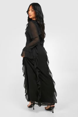 Petite Plunge Ruffle Flare Sleeve Woven Maxi Dress