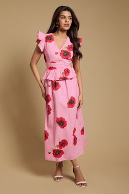 Petite DP Luxe Peplum Frill Detail V Neck Printed Maxi Dress