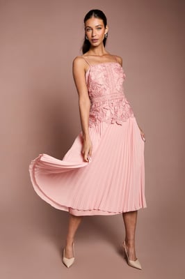 Satin Lace Pleated Midi Dress