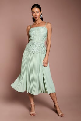 Satin Lace Pleated Midi Dress