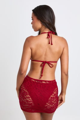 3 Piece Triangle Bikini Set with Lace Skirt