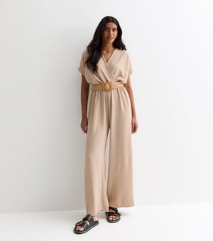 Beige Short Sleeves Elasticated Waist Belted Jumpsuit